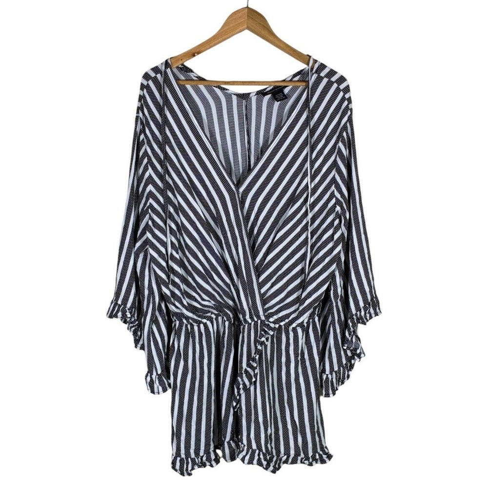 Ashley Stewart Black and White Striped V-Neck Tunic Romper